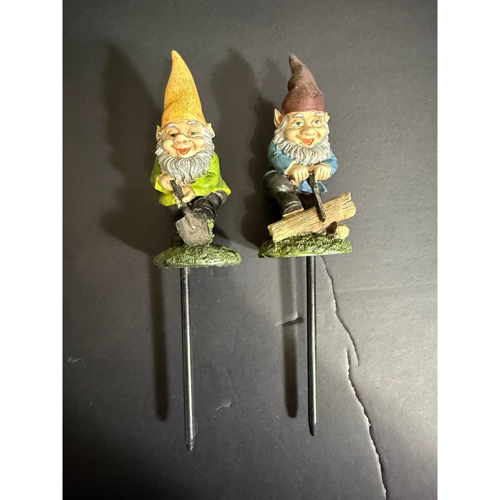 Set of 2 Miniature Garden Gnome Plant Stakes Whimsical Potted Plant Decor